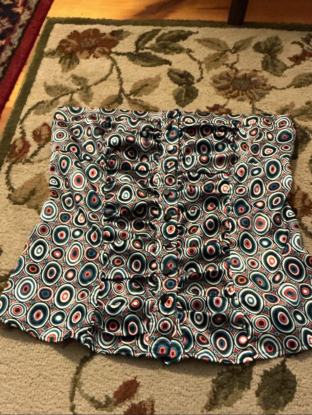 Women’s Patterned Ruffle Front Blouse - Teal & Coral